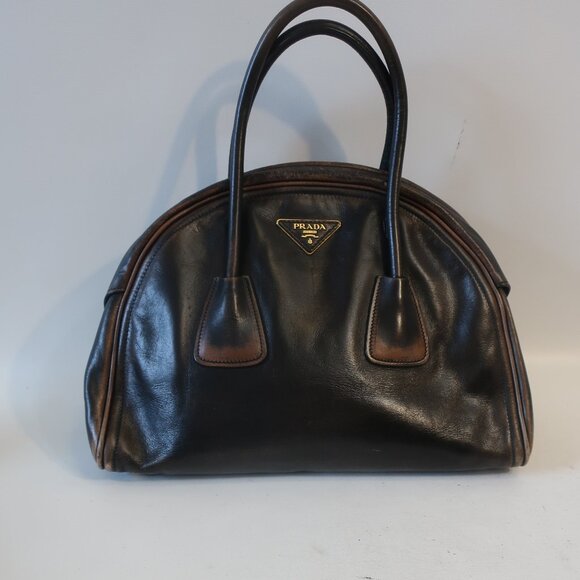 AUTHENTIC Prada Vitello Bowler Black Brown Serial No. 25 Leather Satchel Handbag - Picture 1 of 16